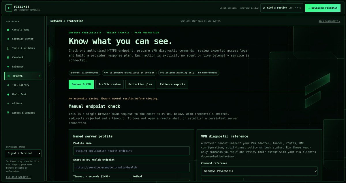 Genuine FieldKitOS 0.10.2 Network and Protection workbench screenshot, not background monitoring